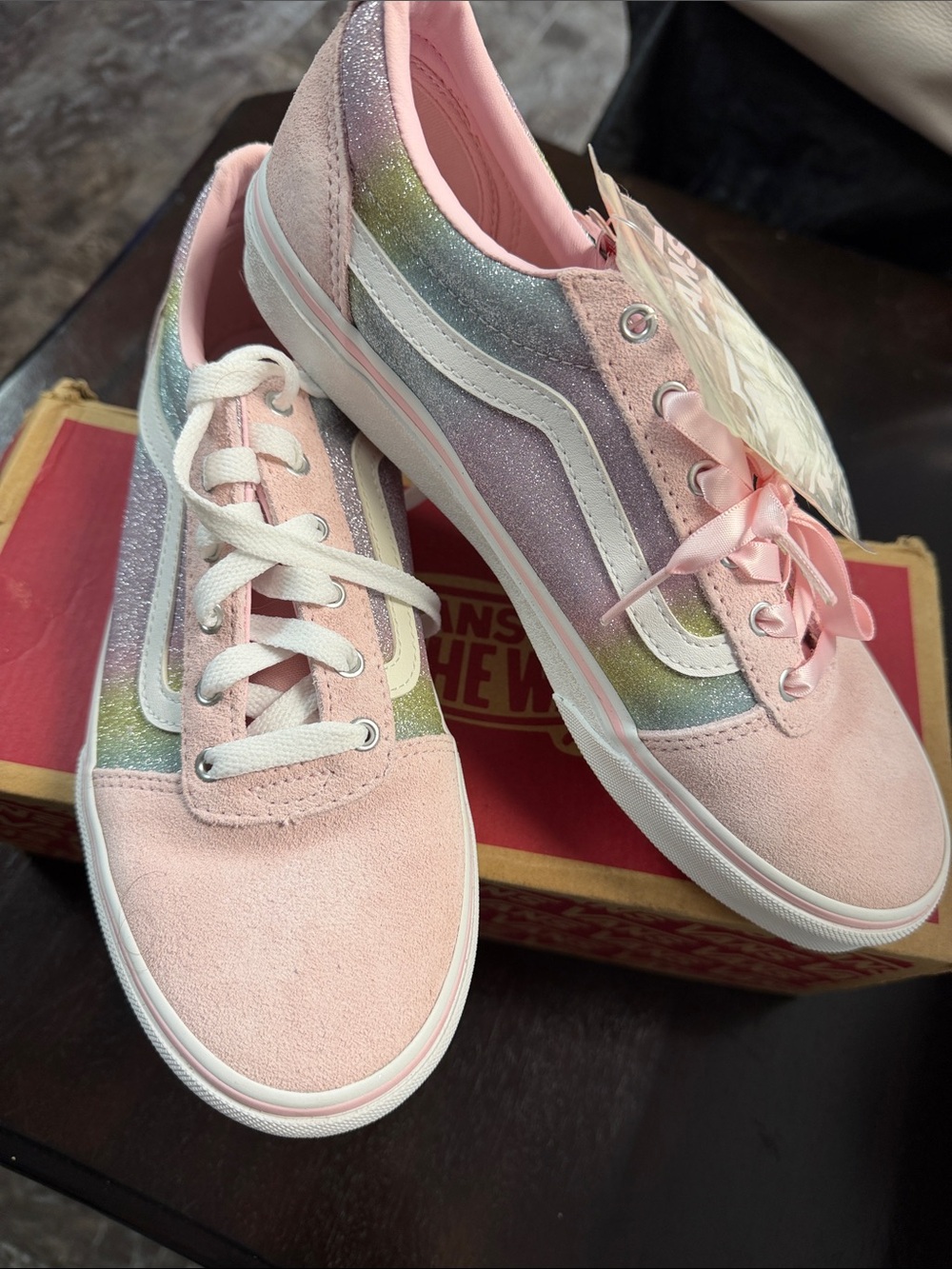 Vans Women's Pastel Pink Suede Rainbow Glitter Old Skool Sneakers